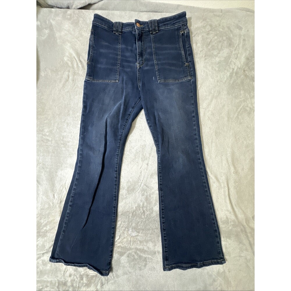 Pilcro Anthropologie patch pocket flare jeans women’s 31 dark wash boho stretch